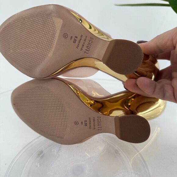 Schutz Womens Size 5.5 Aprill Vynil Slip On Open Toe Wedge Sandals Pink Gold - Picture 11 of 12